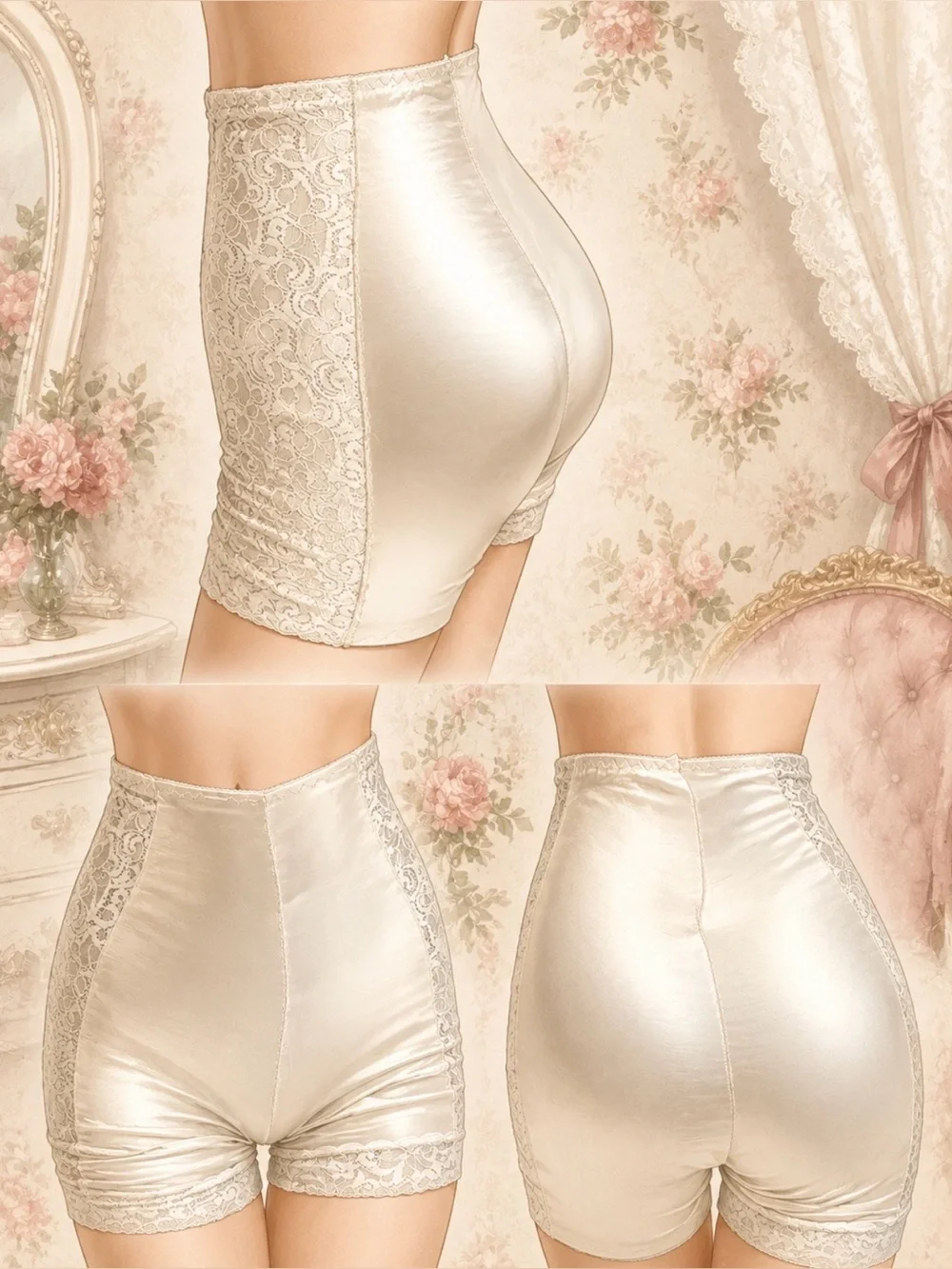 VINTAGE bloomers shapewear lingerie shorts smoothing girdle‎ lace silky ivory